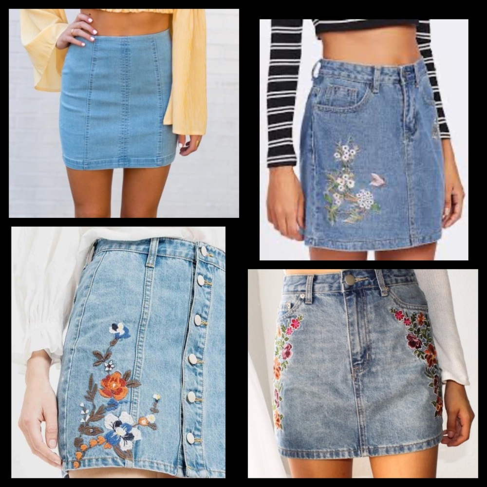 Floral Embroidered Light Wash Denim Jean Skirt - Picture 2 of 7